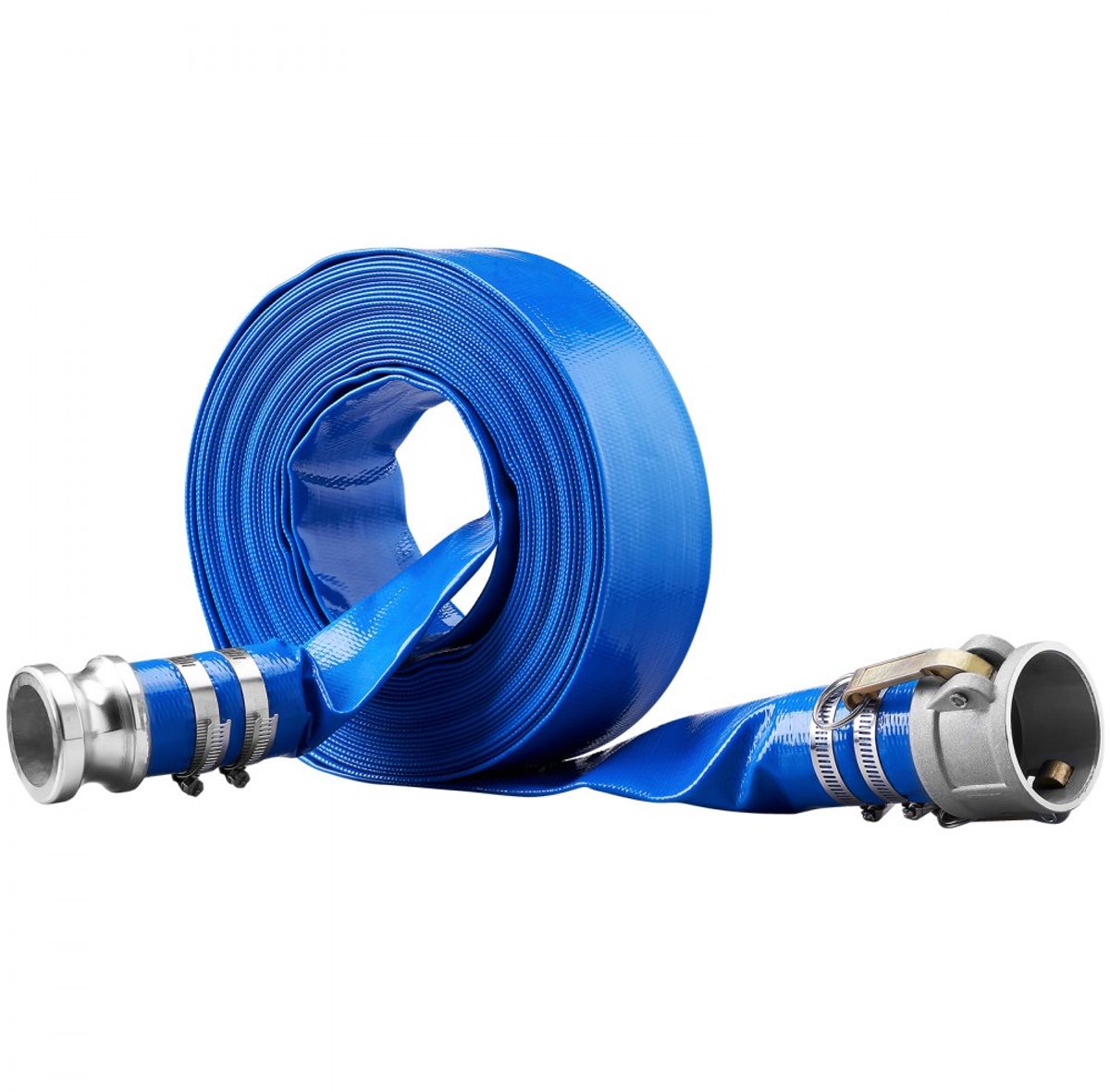 Industriële PVC Vlakslang - Platte Brandslang - Ø 50,8 mm x 15,24 m - Werkdruk 4 bar (58 PSI) - Barstdruk 12 bar (174 PSI) - Camlock C/E Koppelingen - 4 Slangklemmen