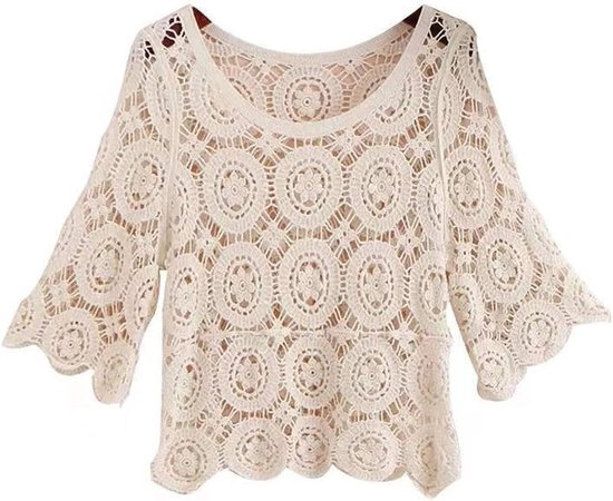 EGoods - T-Shirt Crocheté d'Été pour Dames avec Manches 3/4 dans le Style Boho Hippie, Motif Floral, Chemise de Plage Cover Up