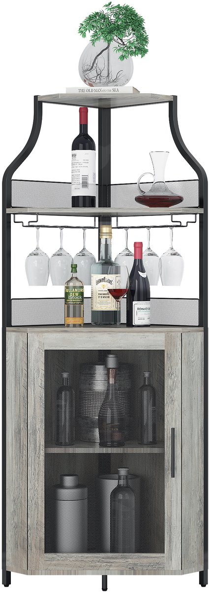 Brisakys - Hoekbarkast - Wijnkast - Industrieel - Metaal - Gaasdeuren - Verstelbare Plank - Anti-Kantelset - 45x45x150cm - Grijs