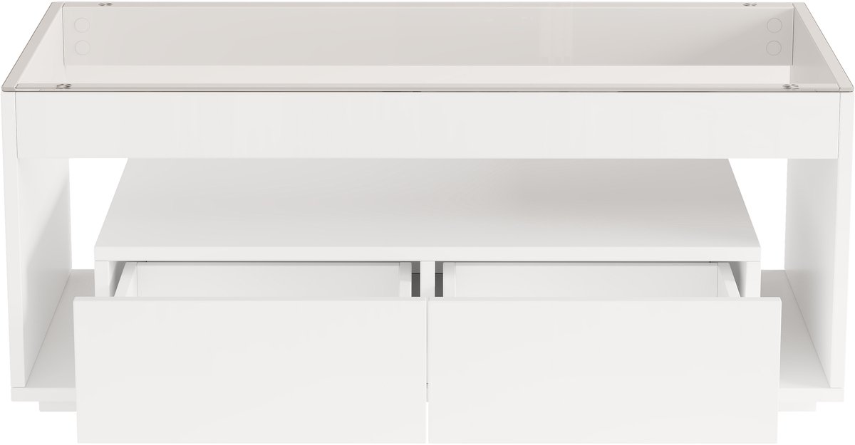 MODFU Witte hoge glans salontafel 100x50x40 cm met LED-verlichting, 2 lades, glazen blad, dubbellaags design, ruim en modern
