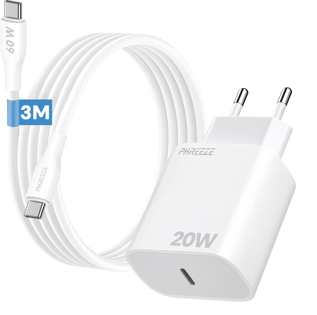 Phreeze 20w usb C adapter set - Oplader met usb C naar usb C kabel 3 meter - Wit
