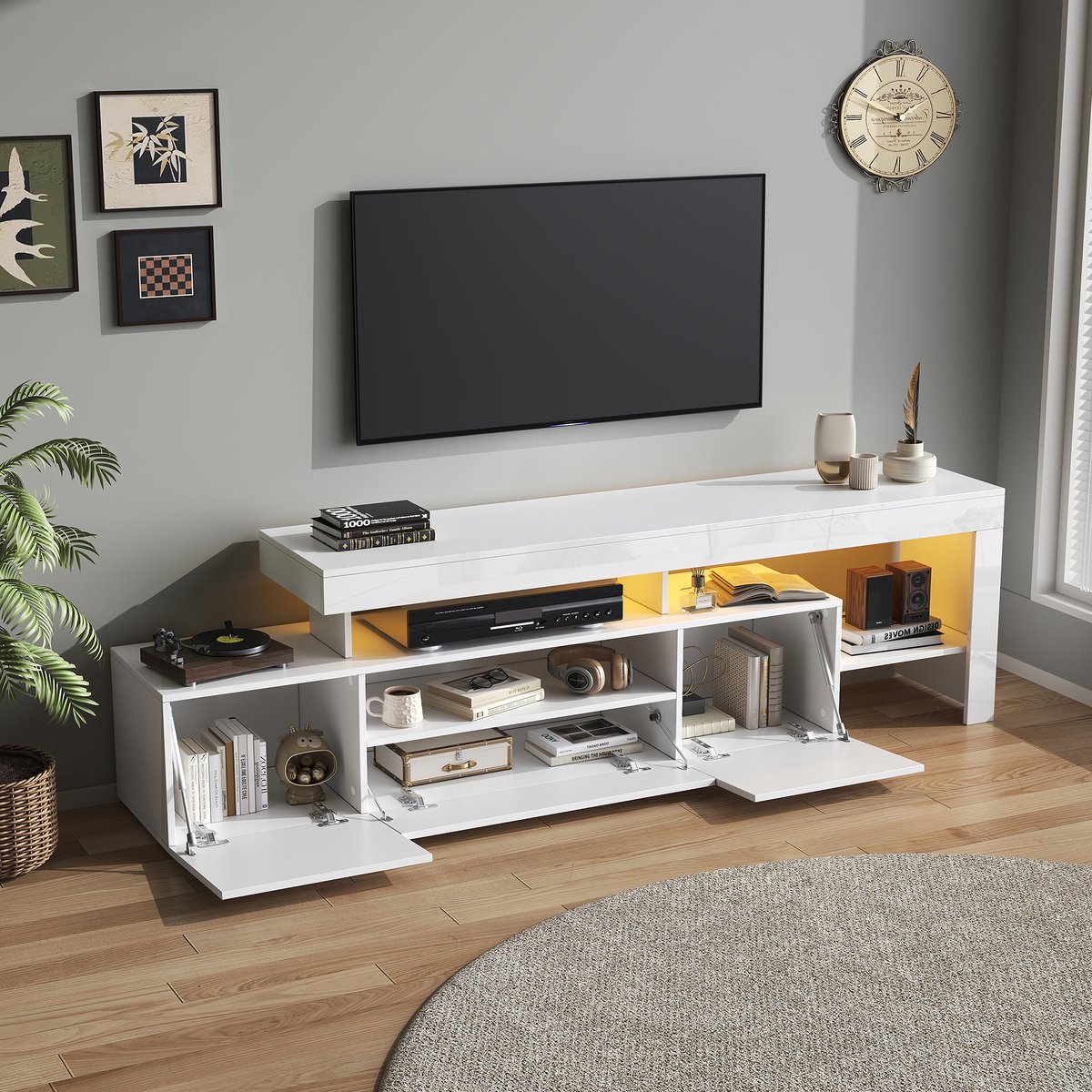 STILVORA Hoogglans TV-meubel met 3 Kasten en LED-Verlichting - Smart TV-Sideboard voor Woo