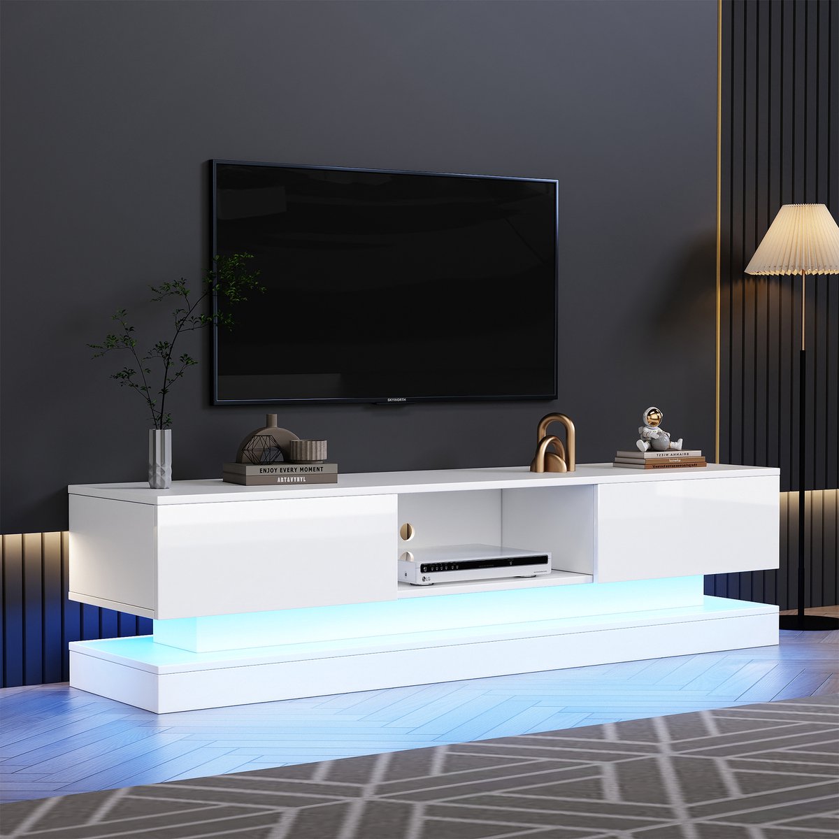 STILVORA TV-Meubel - TV-Kast Met LED Verlichting En App Bediening - 2 Lades En Anti-Kantel Ontwerp - Voor Woonkamer En 60 Inch TV - Spaanplaat - 160x35x40,5 cm - Wit Hoogglans