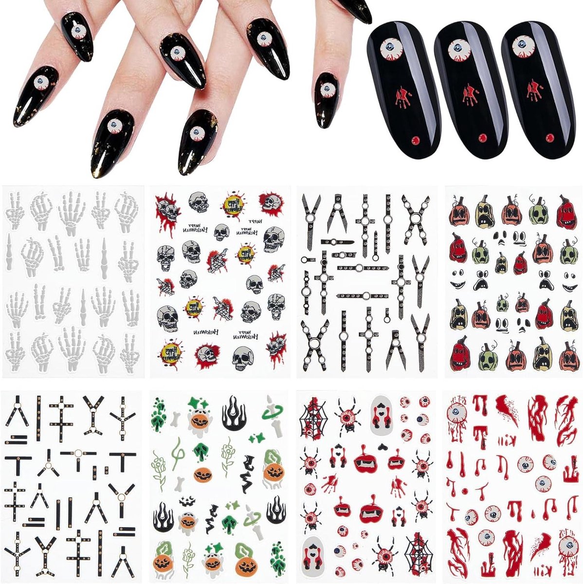 EGoods - Halloween nagelstickers met 5D reliëf horror design voor vrouwen met bloedige spinnen en pompoen