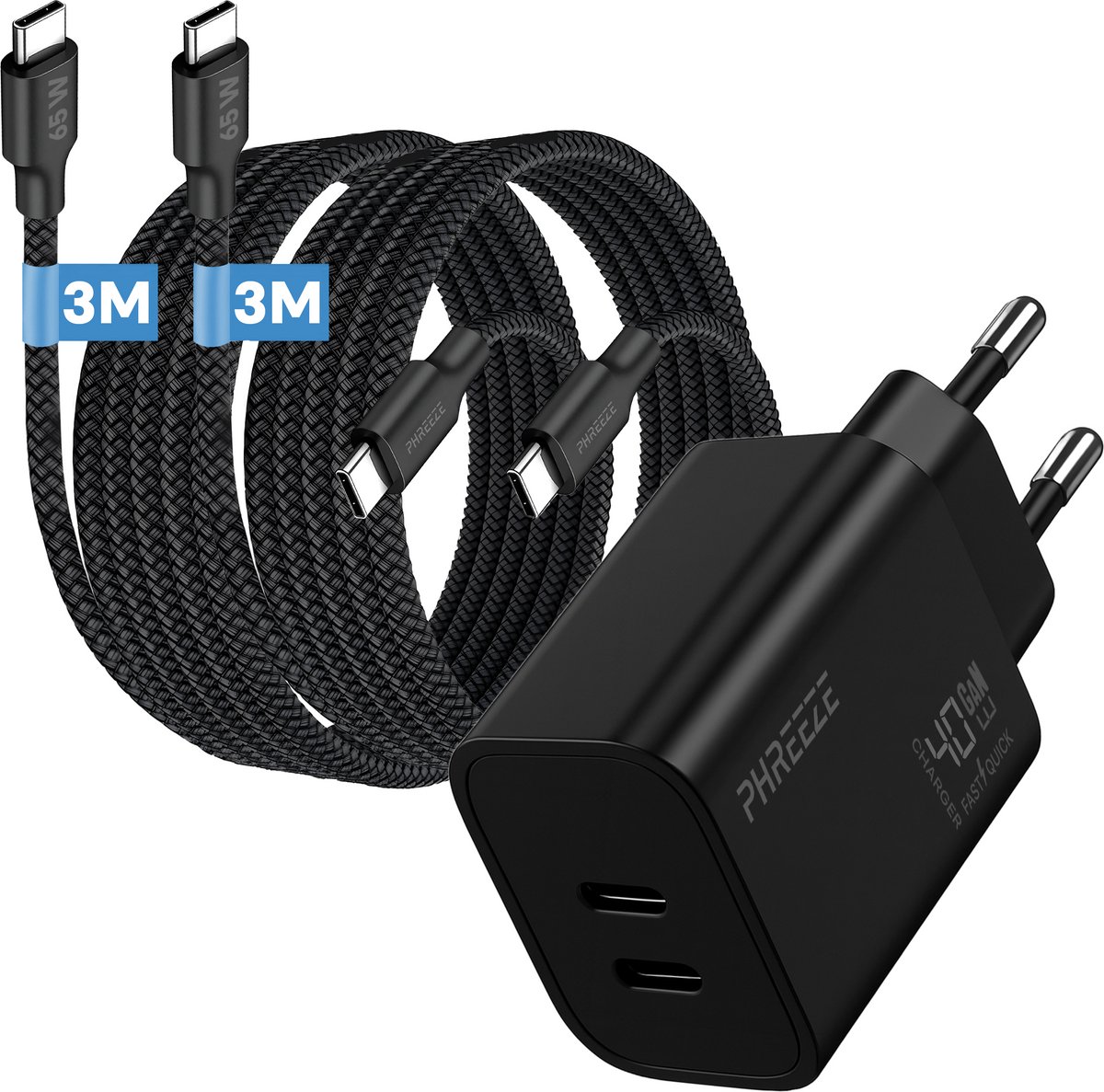Phreeze usb C oplader 40 W - Dual usb C poorten - Power Delivery GaN charger met 2 usb C naar usb C kabels 3 m - Laptop oplader usb C - Snellader voor telefoon, tablet, laptop, powerbank, speaker en camera - Oplaadset met twee kabels