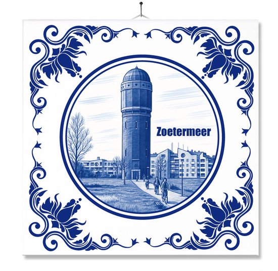 Tegel Met Opdruk | Zoetermeer | Delft Blauw | Cadeau | Inclusief Geschenkdoos | Standaard | Ophangsysteem