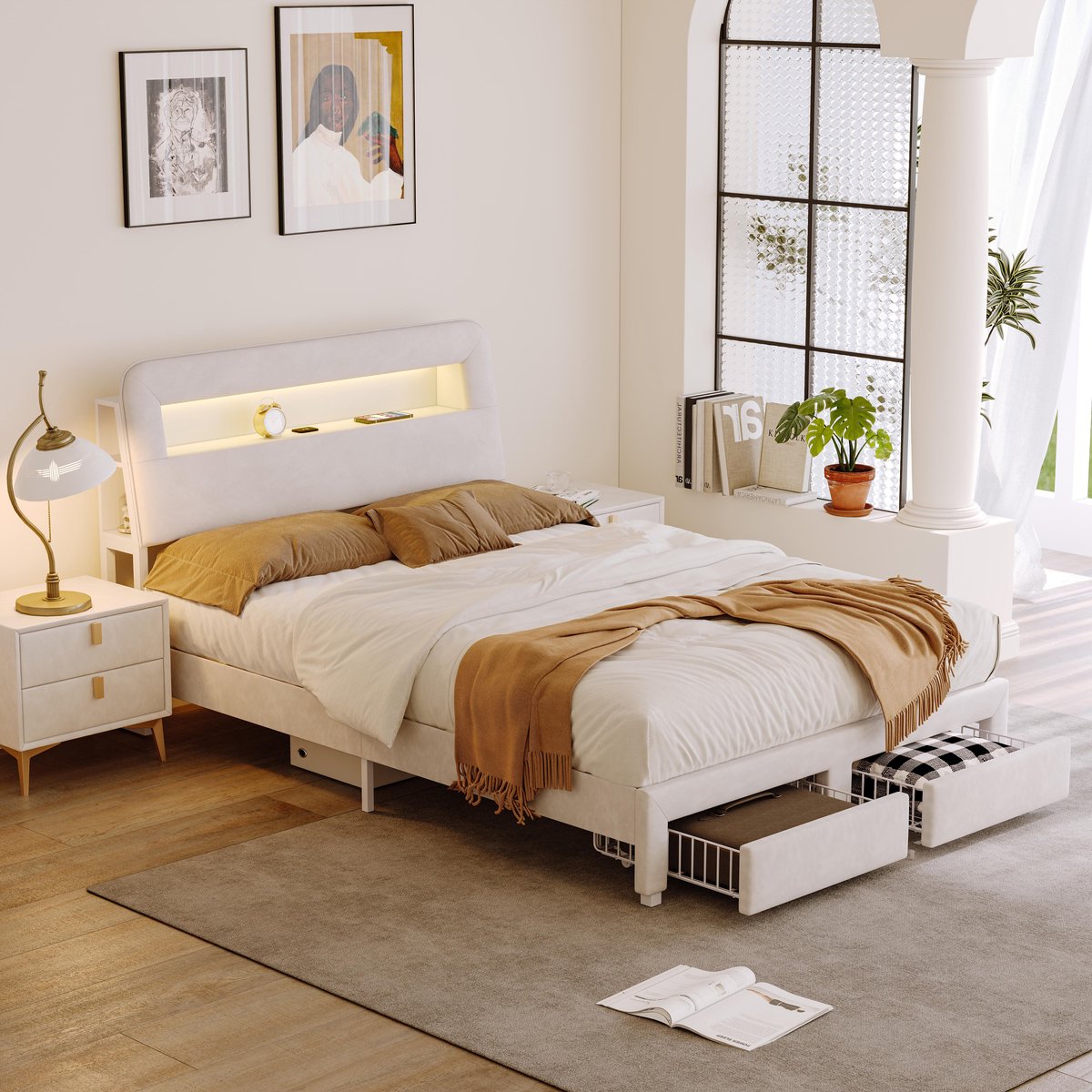 ROSAHQNDA Tweepersoonsbed 140 x 200 cm, gestoffeerd bed met 2 lades, opbergbed, hoofdbord met opbergvak en USB-aansluiting, jeugdbed, beige fluweel Beige A