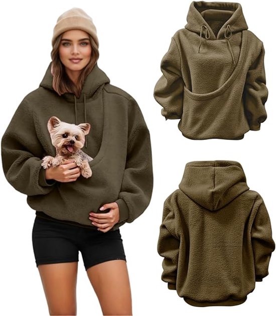 Sweat à capuche avec poche pour animaux – Sweat oversize – Poche avant pour petits chats et chiots – Polaire – Capuche et cordon de serrage – Lavable en machine à 30 °C – Couleur bronze – Taille L