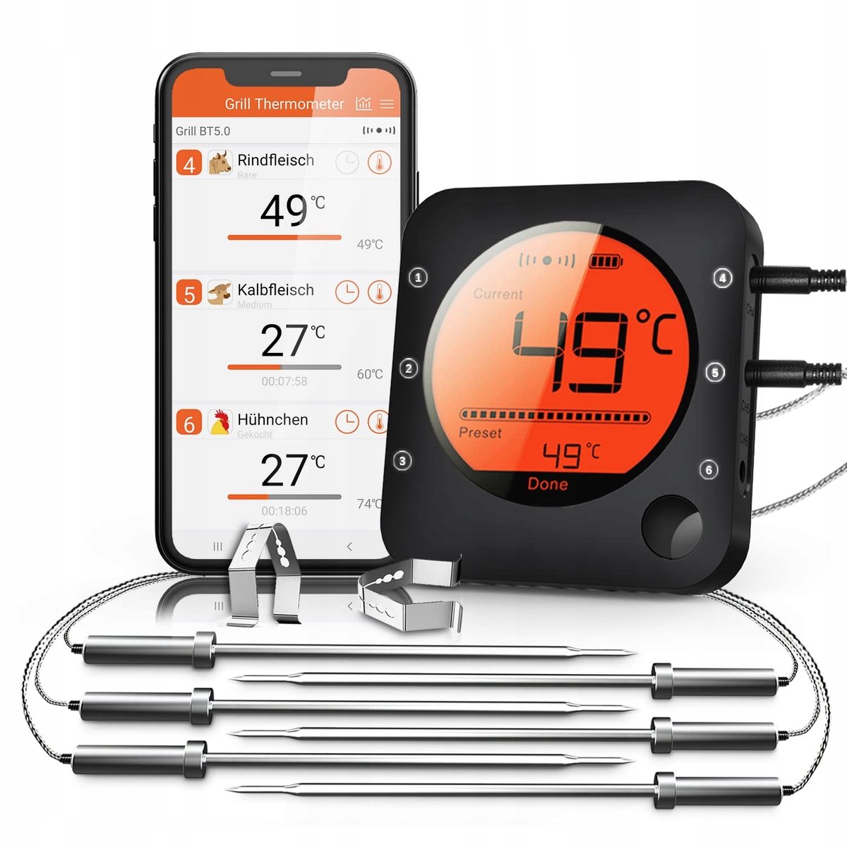BFOUR Bluetooth Keukenthermometer met 6 RVS Sondes