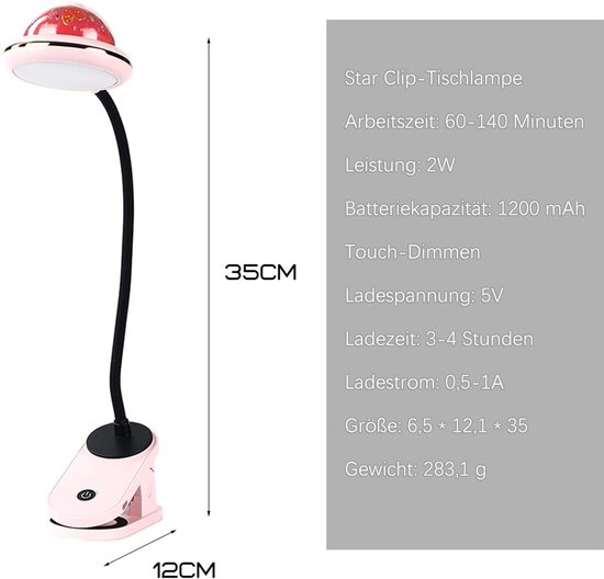 Kinderklemlamp, USB oplaadbare LED-klemleeslamp met sterprojectie, 4000k 360° aanraakverstelbare zwanenhalslamp voor op het nachtkastje, klemnachtlampje met ster (roze). van Merkloos — afbeelding 4