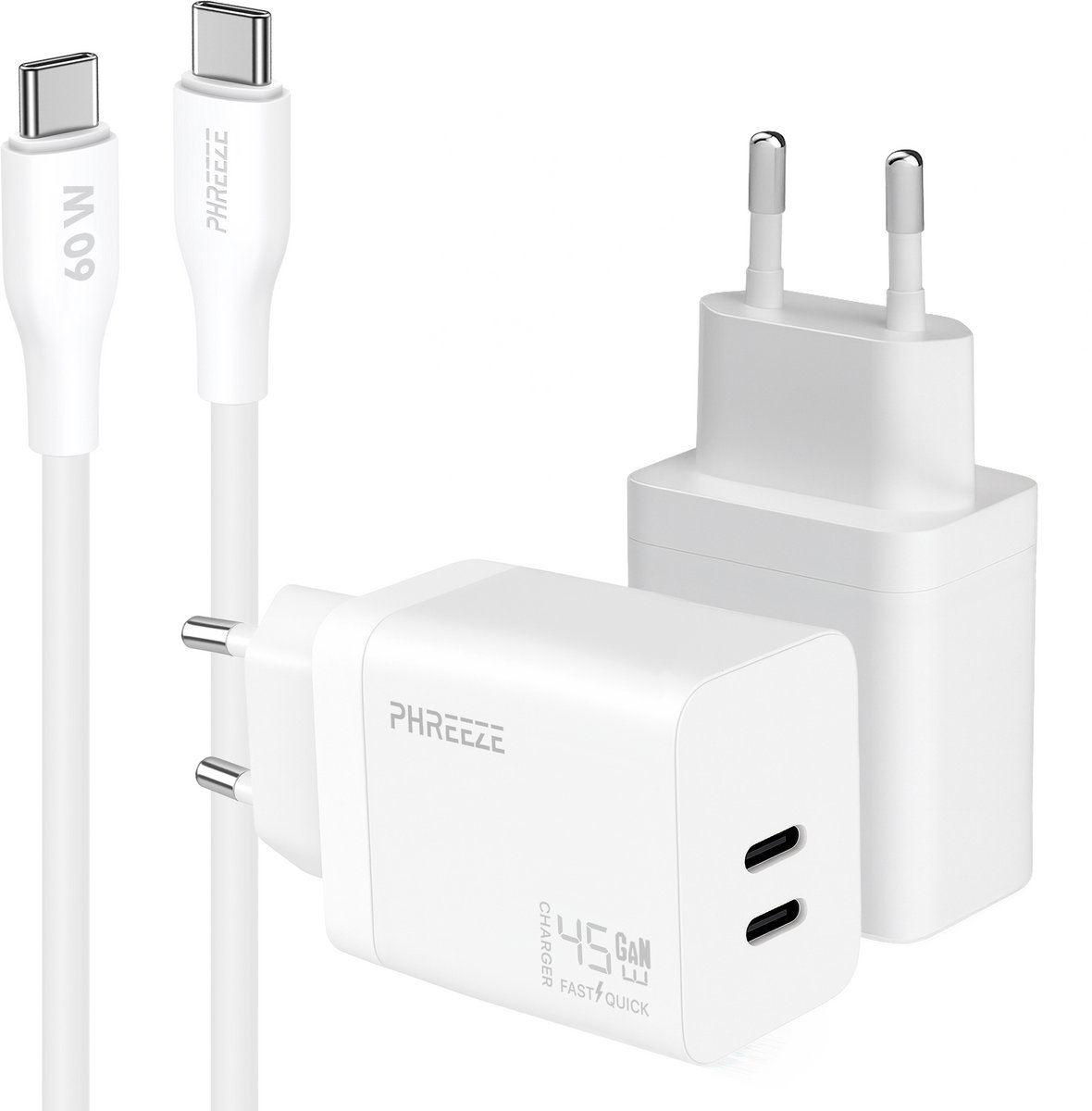 Phreeze usb C oplader 45 W met usb C naar usb C kabel - Super snellader - Power delivery oplader met 2 poorten
