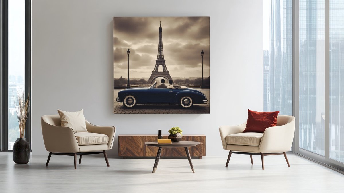 Trendex Global Vierkant Canvas Schilderij - Klassieke Cabrio - Eiffeltoren - 40x40 cm Grijs
