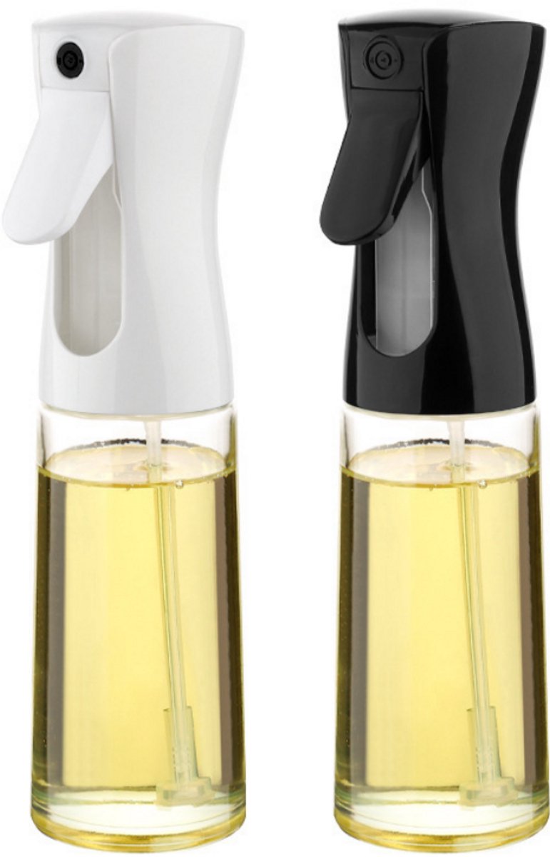 2 stuks - SWGOTA Olijfoliesprayer - Glasmateriaal - Keuken Olijfoliesprayfles - Oliedispenser - Oliefles - Barbecueaccessoires - Baksprayoliepomp - Kooksprayolie - Verstuifbaar - 220 ml - Wit + Zwart