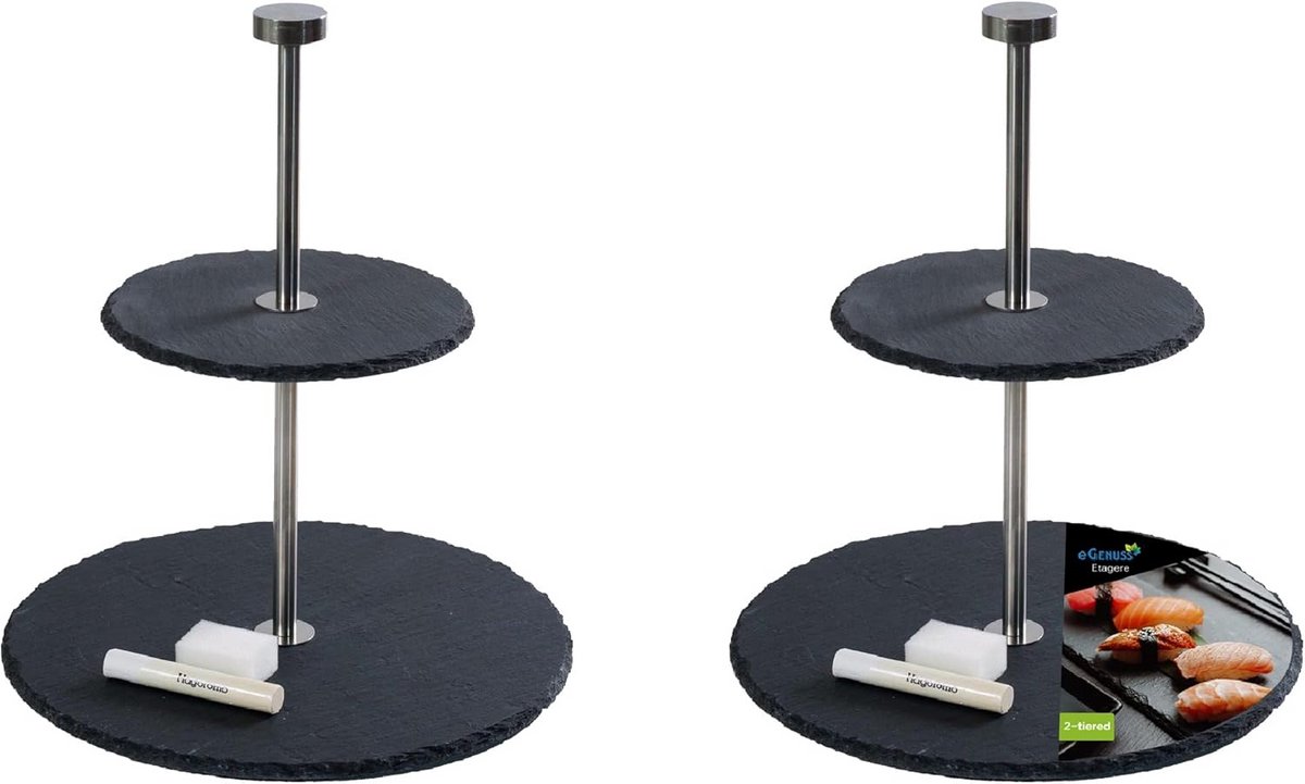 Set van 2 Ronde Etageres met 2 Lagen - Natuursteen Leisteen en RVS