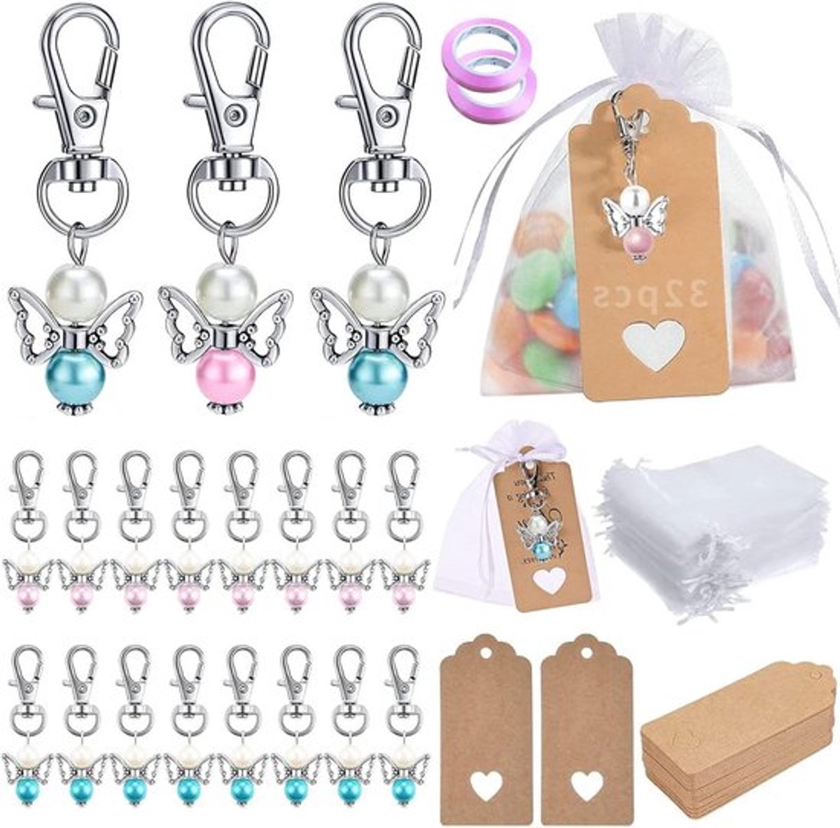 Hanger set beschermengel - 32 hangers van kraftpapier + witte organza zakjes + roze linten