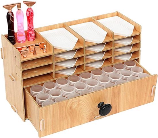 Boîte de rangement en bois avec un tiroir, 3 plateaux inclinés, 6 compartiments et un support à 9 ouvertures rondes pour fournitures de peinture diamant.