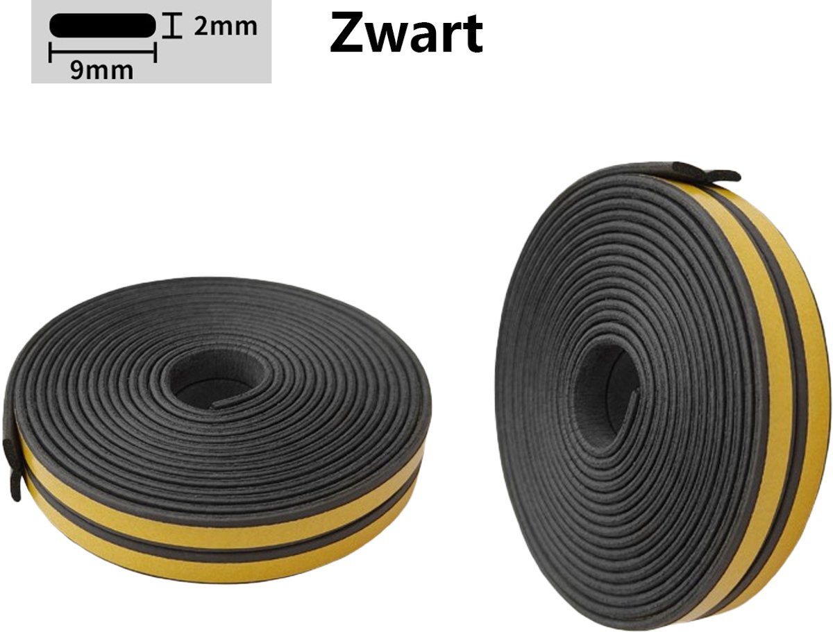 2 rollen tochtstrips - Zelfklevend raam - Totaal 12 m - I-vorm - EPDM afdichtingstape - Zwart - 9 x 2 mm - Raamafdichting - Tochtstrip - Waterdicht - Geluidsisolatie