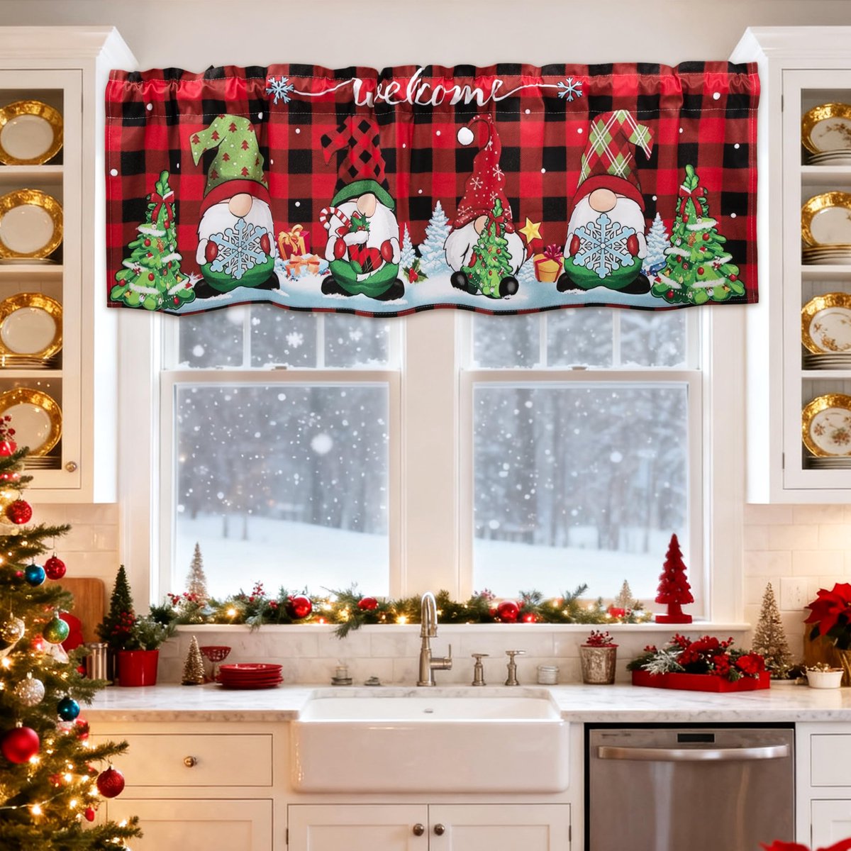 Unyqoos Rode kerstgordijnen voor keuken en woonkamer met decoratieve patronen rood