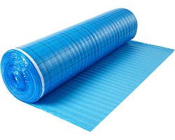 Ondervloer 18,6 m²/Rol, 3-In-1 3 mm Dikke Vulling met Tape en Vochtbarrière, Duurzaam Epe-Schuim met Blauwe Pe-Laag, Geluidsdemping en Geluidsbeheersing, Geschikt voor Laminaatvloeren