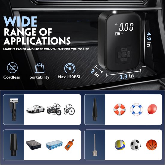 Ynkkvre – luchtpomp – 150 PSI mini luchtcompressor elektrisch met digitaal LED-display en LED-licht – 4000 mAh accu – voor auto, fiets, motor, basketbal, voetbal — afbeelding 5