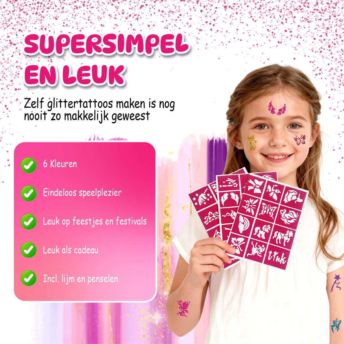 Craftiverse Glitter Tattoo Set – Prinsessen & Feeën Editie – 36 Sjablonen - 6 Kleuren - Schmink Sjablonen - Knutselpakket - Knutselen Meisjes - Huidlijm Voor Glitters - Inclusief Handleiding — afbeelding 8