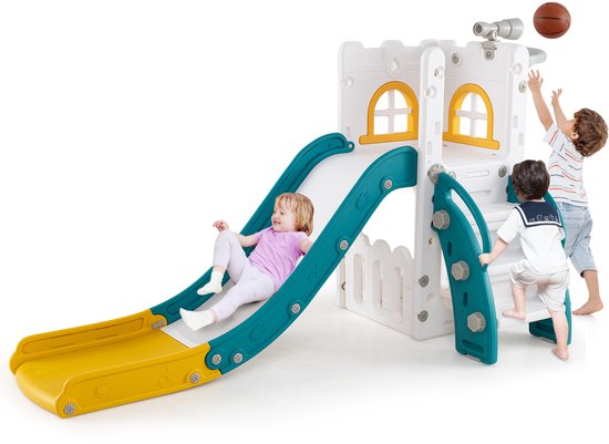COSTWAY 4-in-1 Kinderglijbaan – Met Basketbalring, Ladder En Ringwerpen, Groen/grijs, Voor Binnen En Buiten
