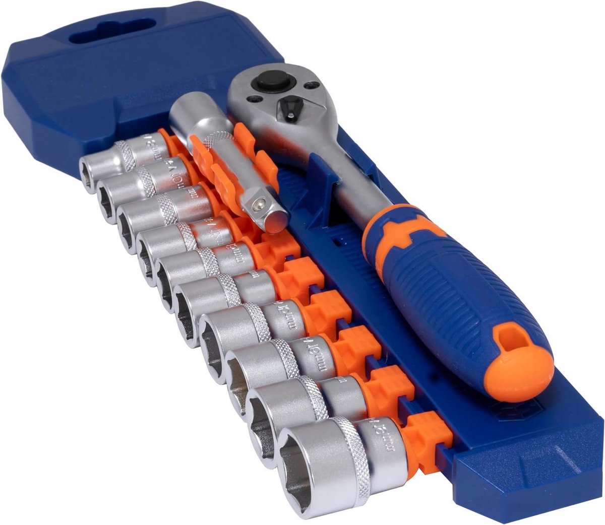 Ronte - 12-delige set met zeskantdoppen (8, 10, 11, 12, 13, 14, 15, 16, 17, 19) en ratelsleutel 3/8", verlenging 3/8" - van staal. Meta: zeskantdoppen, ratelsleutel, verlenging.
