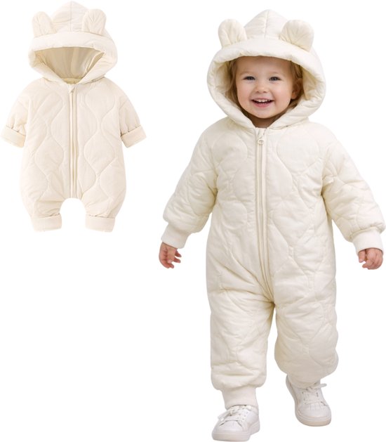 Joya Kids® Winter Sneeuwpak Baby Crème | Gewatteerde Baby Overall met Fleece Voering | Warme Baby Jumpsuit met Oortjes | Baby Winterpak | Sneeuw Pak | Jongens & Meisjes | Maat 90 | 9-12 Maanden