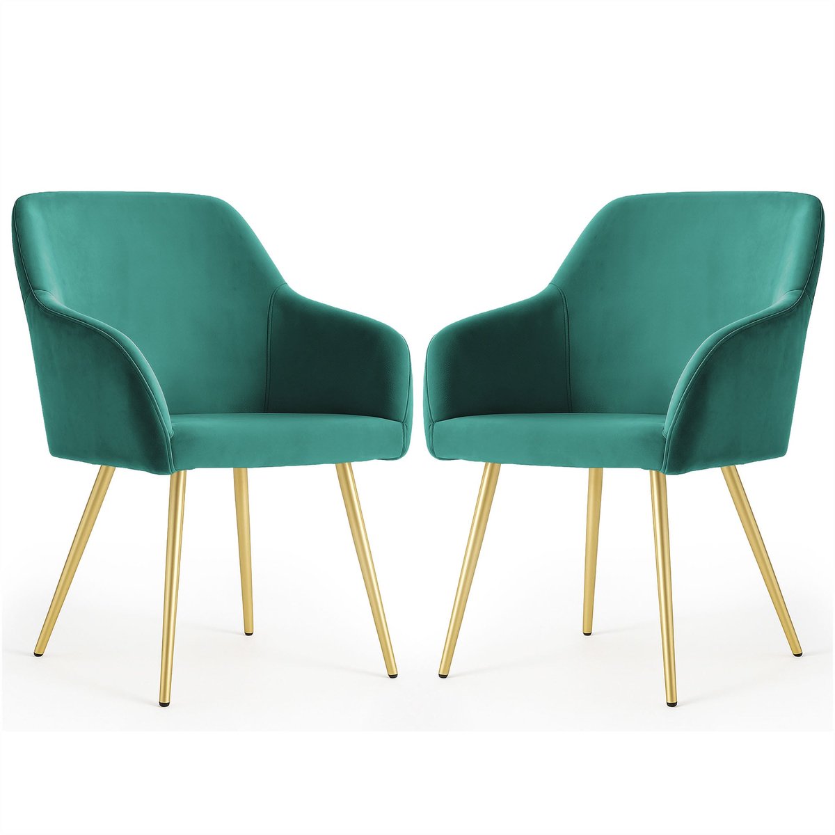 Set van 2 Eetkamerstoelen ESTELLE met Armleuningen / Gestoffeerde Stoelen / Fluwelen Stoelen en Metalen Poten / Flesgroen met gouden benen