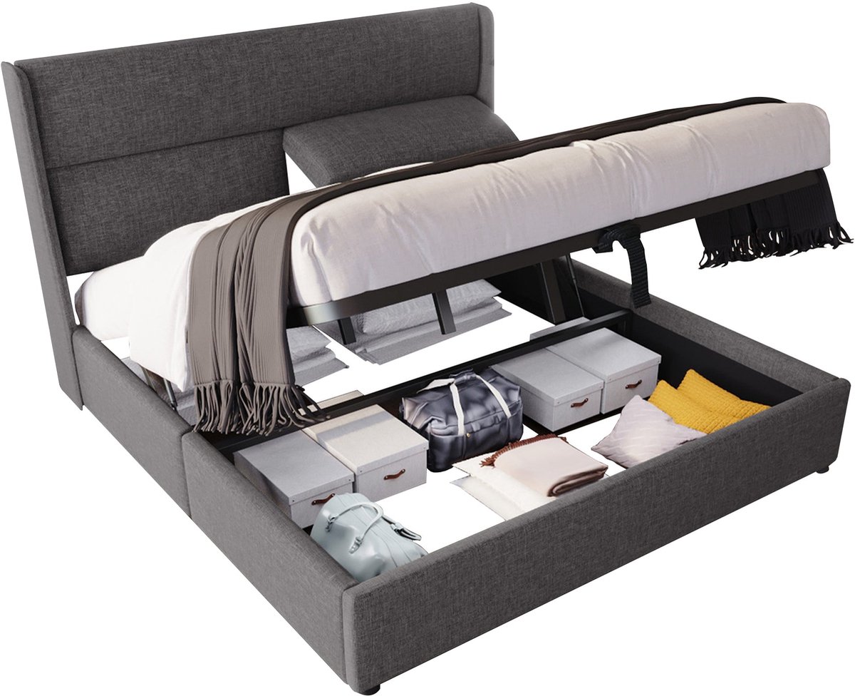 Merax Gestoffeerd Bed 180x200 cm - Tweepersoonsbed met Opbergruimte - Hydraulisch Liftmechanisme - Verstelbaar Hoofdbord - Metalen Lattenbodem - Grijs