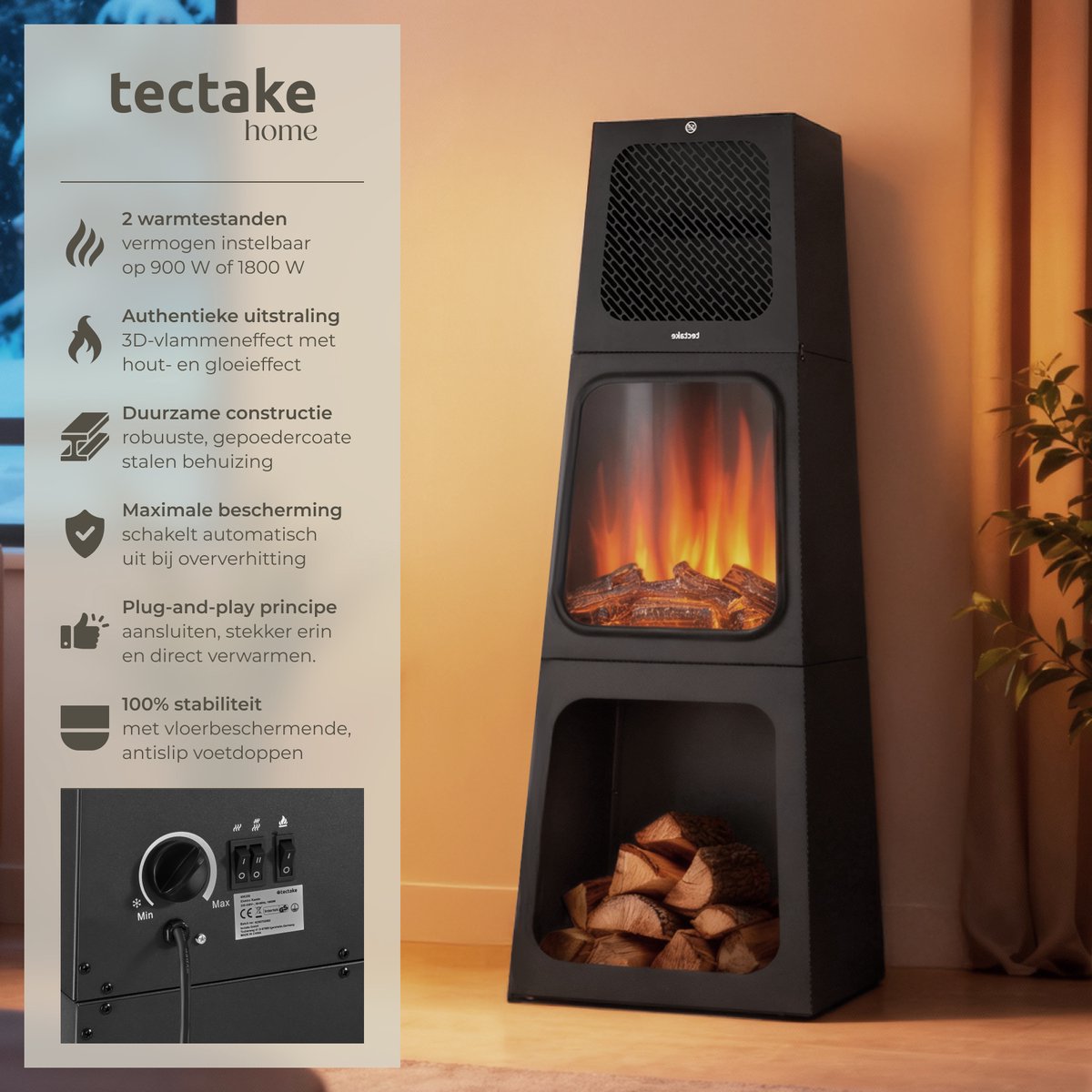 tectake® Wandhaard, Elektrische Haard, Sfeerhaard, 900W & 1800W