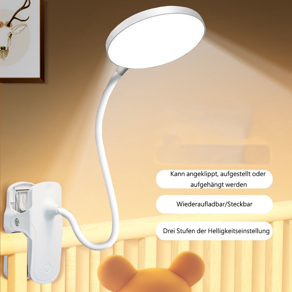 LED Leeslamp met Klem -Boeklampje - Klemlamp- USB Oplaadbaar - Flexibel -3 Lichtstanden - Voor Boek, Bed, Bureau — cadeau in Gadgets - foto 3