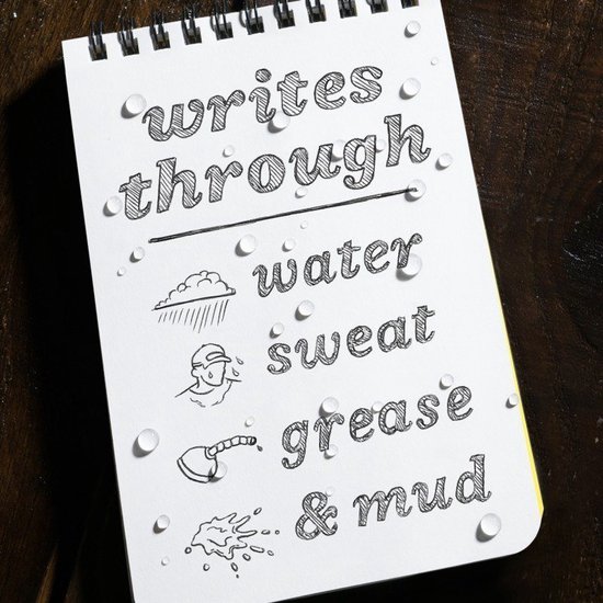 Schetsboekpagina met tekst: 'schrijft door water, zweet, vet & modder'. Druppels water op pagina.