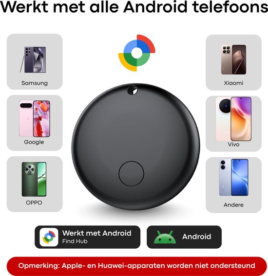 Zwarte Buzzy tracker omringd door diverse Android-telefoons: Samsung, Xiaomi, Google, Vivo, OPPO.
