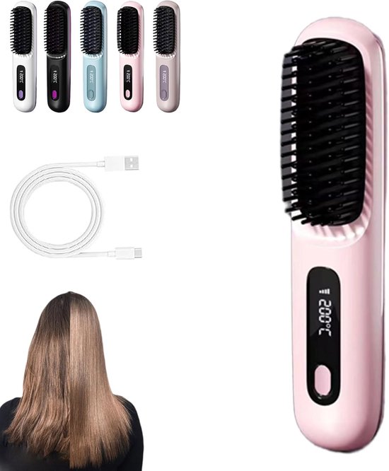 1 draadloze stijlborstel: draadloze mini-stijlborstel, oplaadbaar via USB, 3 temperatuurstanden, met LED-scherm, voor onderweg, voor op reis en pluisvrije styling (roze)