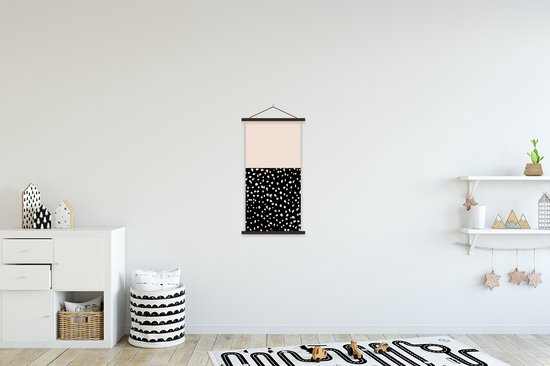 Posterhanger incl. Poster 40x80 cm - Schoolplaat - Stippen - Beige - Zwart - Textielposter - Zwarte latten