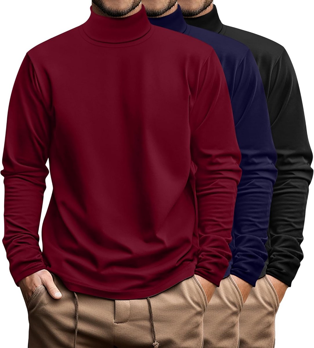 3-Pack Lange Mouw Coltrui Heren Katoen Losse Pasvorm Basic Tops Grote Maten