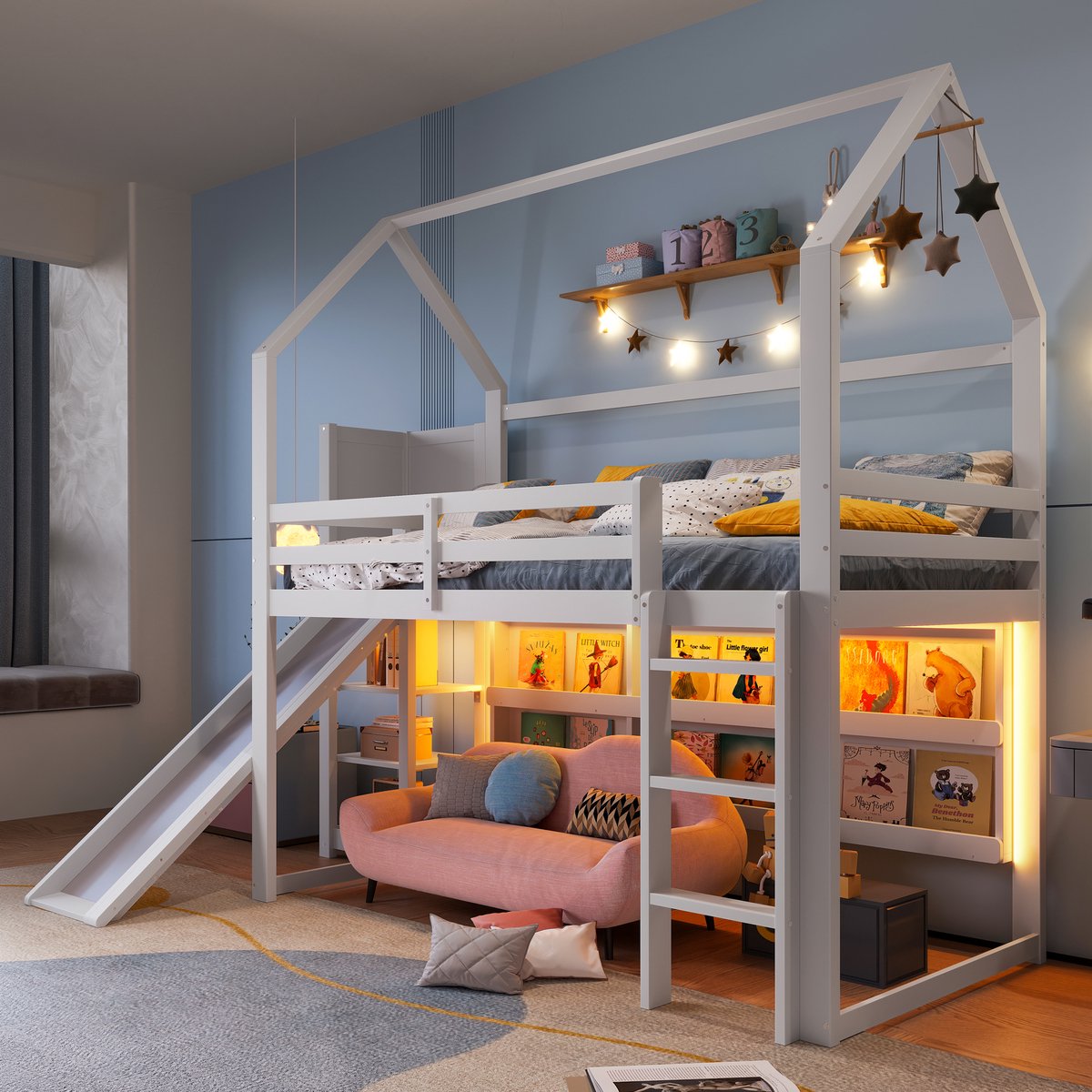 REDOM Hoogslaper 90x200 cm van grenenhout/MDF – Met glijbaan, opbergrekken en LED-verlichting – Wit