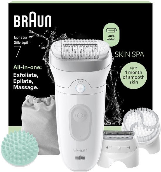 Braun Silk-épil 7 Skin Spa epilator in de verpakking. Inclusief epilator, scheerkop, exfoliatieborstel en massagepad. "Up to 1 month of smooth skin."