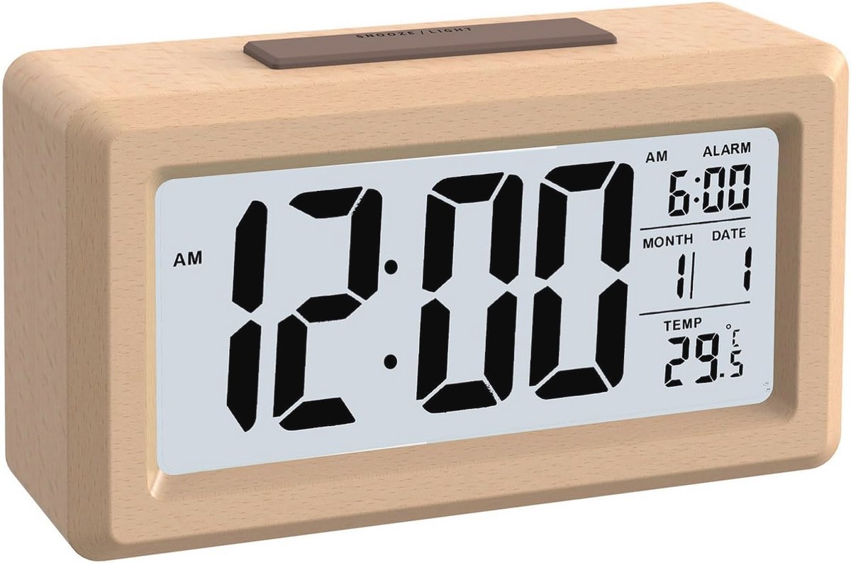 Digitale wekker met houtafwerking, LCD-display, temperatuur, datum en snooze-functie