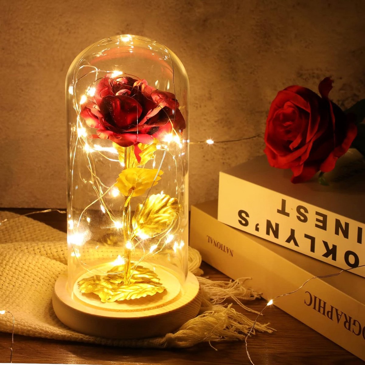 Eeuwige Roos in Glazen Koepel met LED-Verlichting - Perfect Cadeau voor Elke Gelegenheid