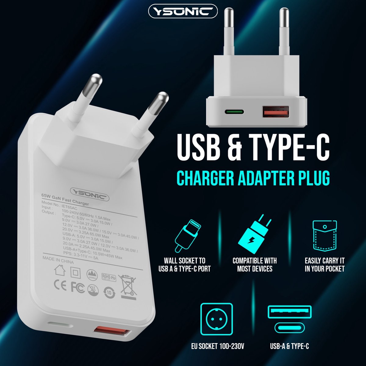 YSONIC Platte 65W Snellader met 2 Meter USB-C Kabel – Type-C Adapter & Oplader Charge Geschikt voor Smartphones, Tablets & Laptop – Wit — afbeelding 5