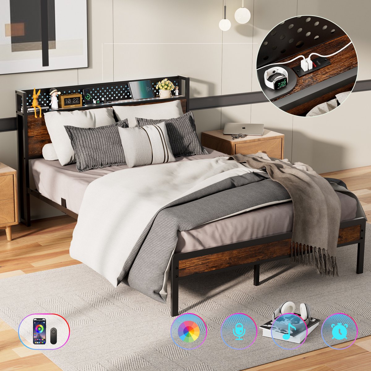 KUTAS Tweepersoonsbed 140x200 cm - Stevig Metalen Bedframe - met LED Verlichting - Stopcontacten, USB & Type-C Poorten - Hoofdbord met Opbergruimte - Voor 2 persoon - Draagkracht 480 kg Zwart