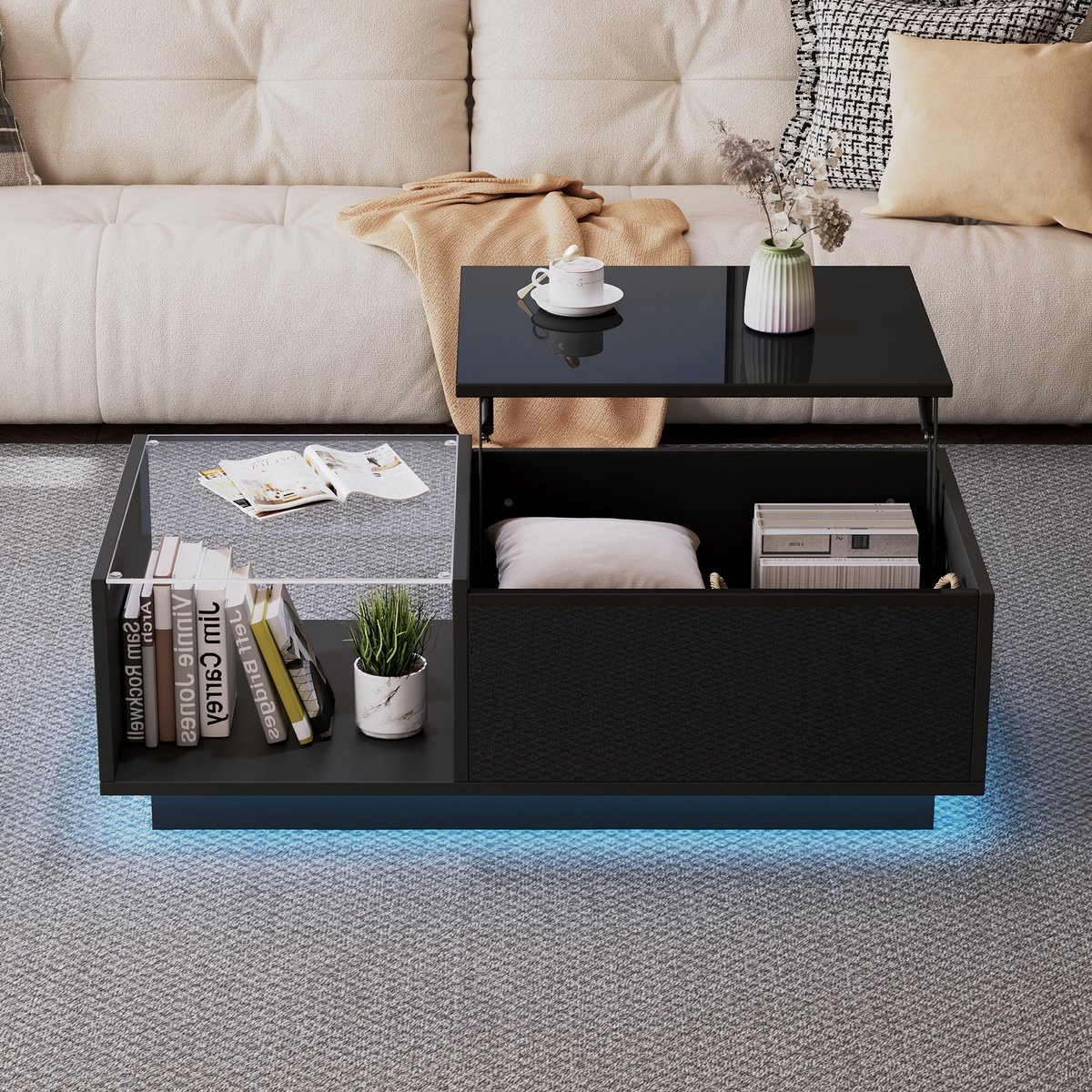 STILVORA Salontafel - Hoogglans Verstelbare Salontafel Met App-RGB LED En Gasveer - Verborgen Opbergruimte En 2 Lades - Spaanplaat - 100x50x33-46.5 cm - Zwart
