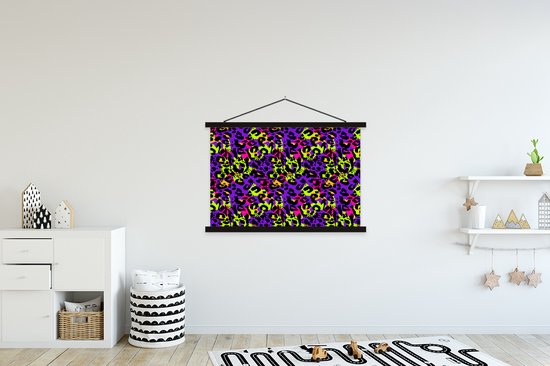 Porte-affiche avec affiche - Affiche scolaire - Imprimé panthère - Néon - Violet - Jaune - 150x100 cm - Lattes noires