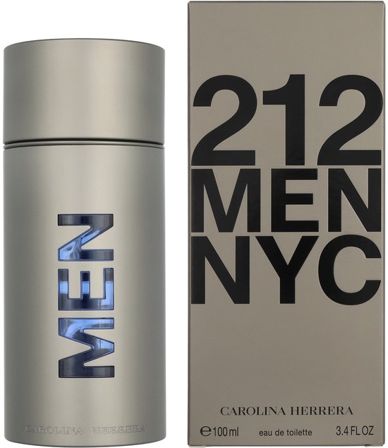 Zilverkleurige parfumfles en doos met '212 MEN NYC' in grote zwarte letters. Fles heeft blauwe 'MEN' details.