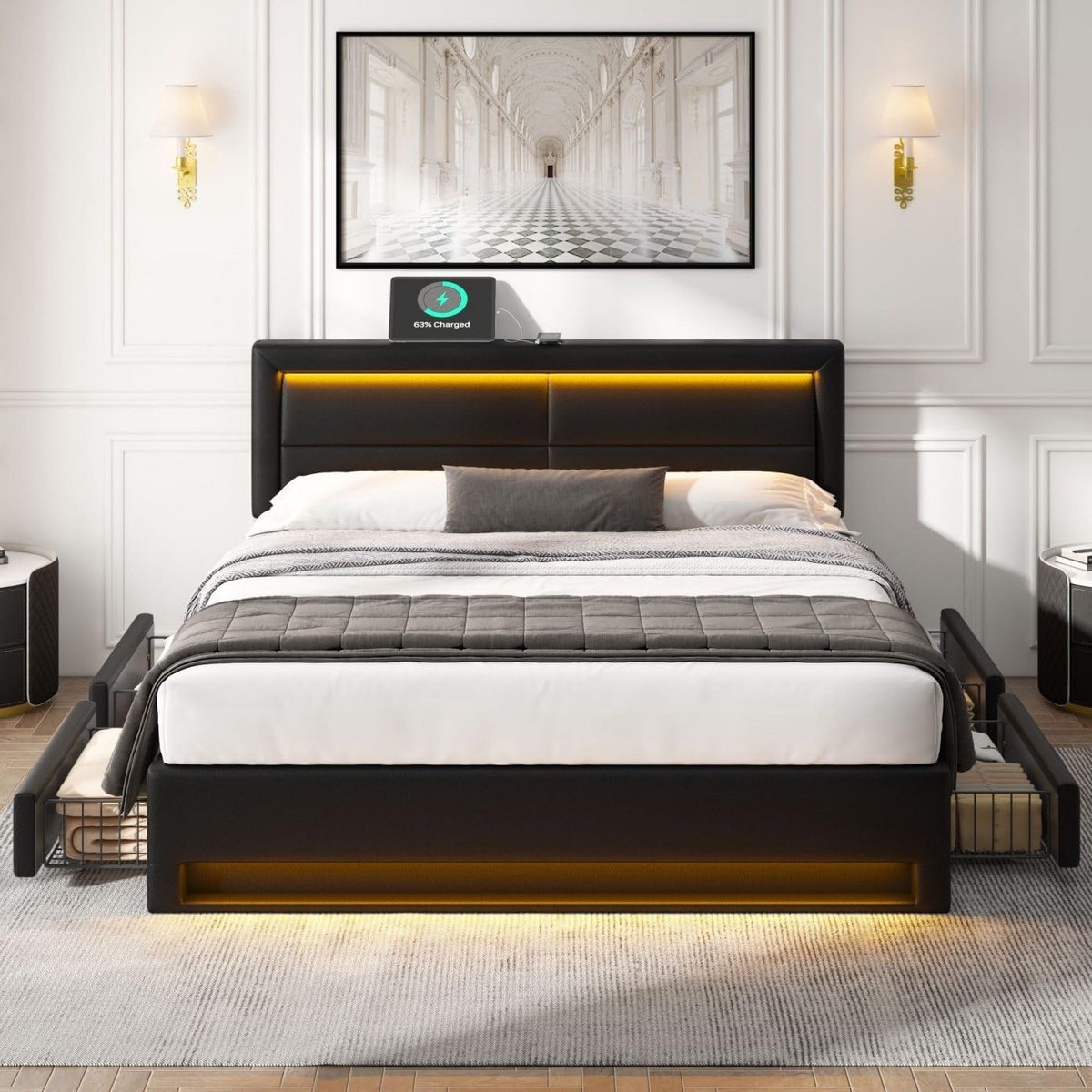 Tweedehands Gecapitonneerd Bed met USB-poort en Ledverlichting - Opbergbed met 4 Laden, 140 x 190 cm