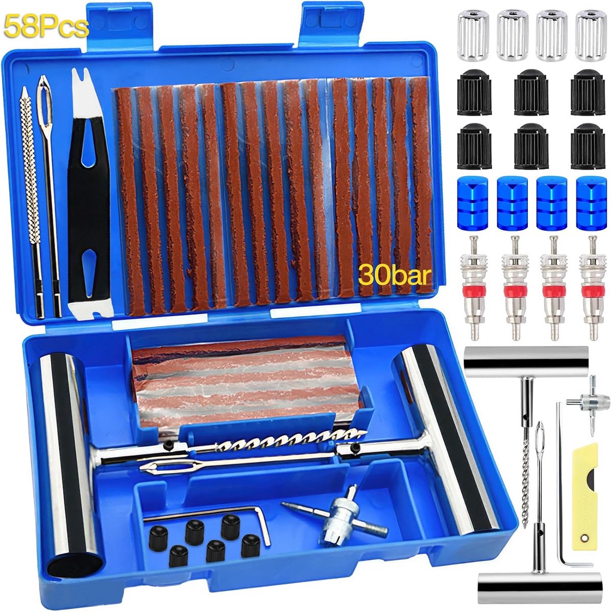 Complete Bandenreparatieset - 58 stuks voor Auto's, Motorfietsen en Elektrische Voertuigen