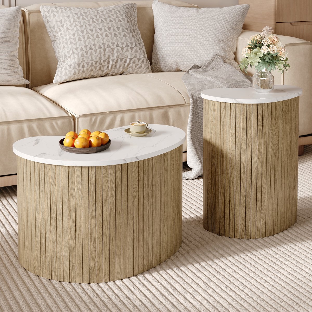 PHOEBE CAT Salontafel - Set van 2 - Marmerlook - Houtnerf - Bijtafel - Natuurlijke + Wit