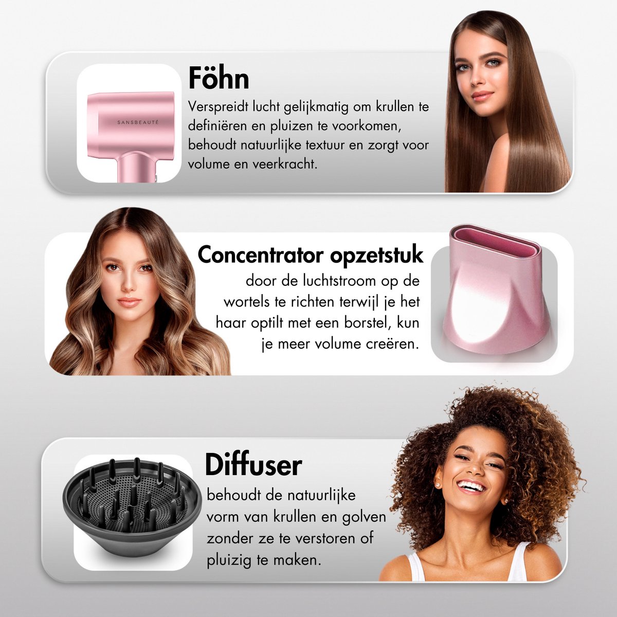 Sansbeauté® Föhn met Diffuser - Krullen - 110.000RPM - Ionische Haardroger met Borstel - 3 Standen - 3 Opzetstukken - Reisföhn - Sèche Cheveux - Krul Feun Set - Haarföhn met Defuser - Hair Blow Dryer - Kappersfohn - 2000W thumbnail 6